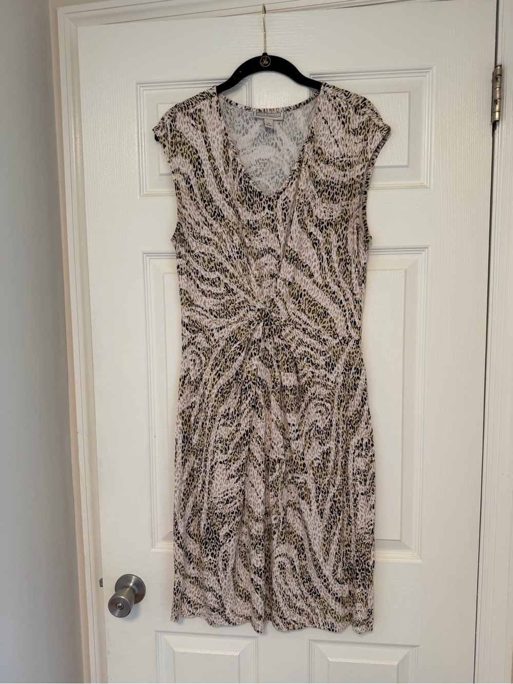 Dana Buchman Beige and Black Printed Twist-Front Midi Dress